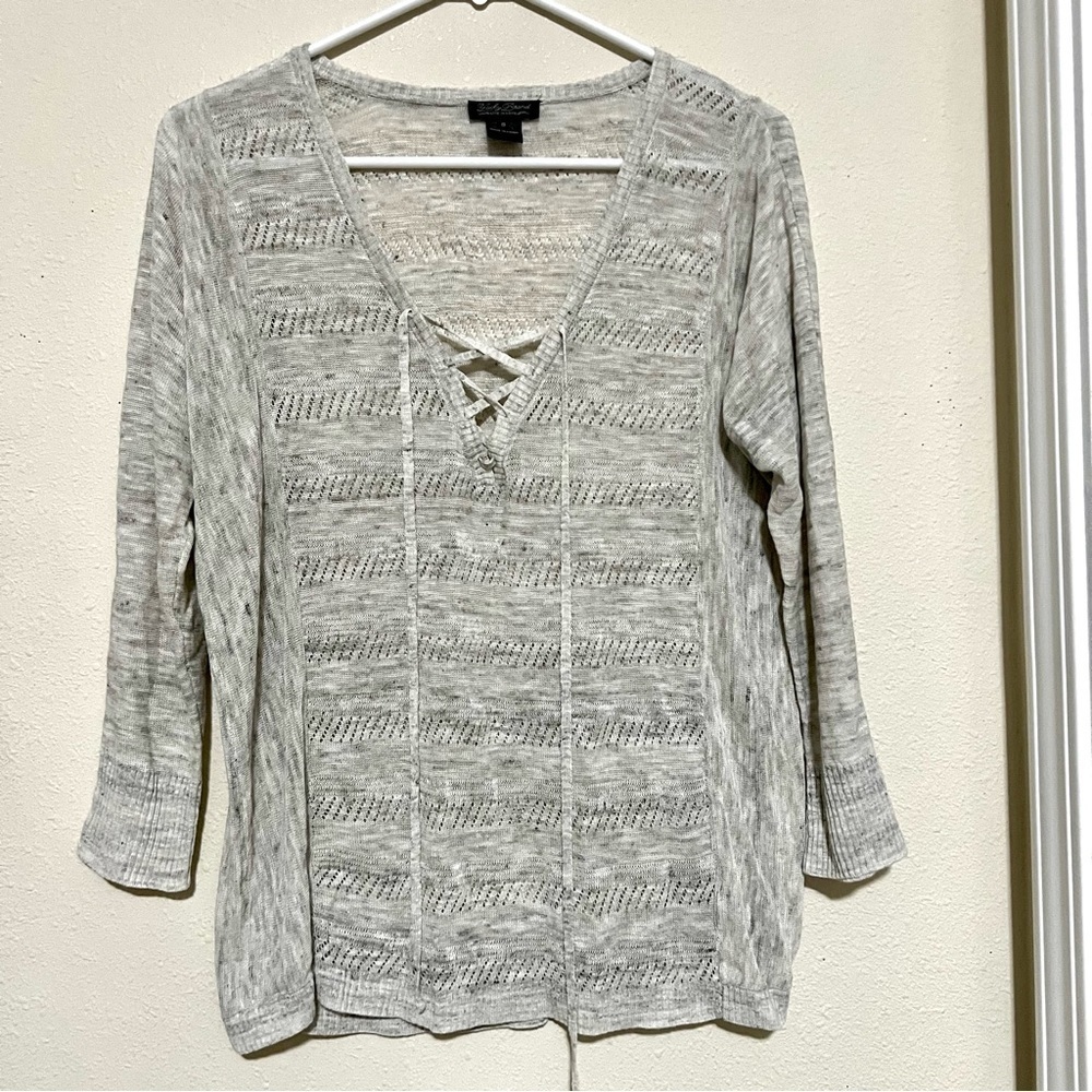 LUCKY BRAND Linen Ivory gray lightweight sweater with neck tie Boho Women size S